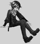  bad_id bad_pixiv_id checkered checkered_scarf danganronpa grey_background hand_on_leg hand_on_own_knee hand_on_own_leg heterochromia iberico long_sleeves looking_at_viewer male_focus monochrome new_danganronpa_v3 ouma_kokichi pants scarf simple_background smile spot_color striped striped_legwear striped_pants 