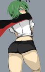  antennae arched_back ass blue_eyes blush cape commentary_request embarrassed from_behind ginji_(sakaki_summer) green_hair grey_background looking_back shirt short_shorts shorts solo sweatdrop touhou white_shirt wriggle_nightbug 