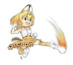  :d animal_ears animal_print bangs bare_shoulders black_hair blonde_hair bow bowtie breasts clenched_hands commentary_request full_body gai_(final_fight) gloves high-waist_skirt kemono_friends kicking martial_arts motion_blur multicolored multicolored_clothes multicolored_gloves multicolored_hair multicolored_neckwear natsuno_(natsu-no) open_mouth serval_(kemono_friends) serval_ears serval_print serval_tail shirt short_hair signature simple_background skirt sleeveless sleeveless_shirt small_breasts smile solo streaked_hair tail tareme thighhighs white_background white_shirt zettai_ryouiki 