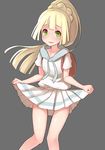  absurdres bad_id bad_pixiv_id bag bangs bare_legs blonde_hair blunt_bangs blush braid embarrassed green_eyes grey_background highres lillie_(pokemon) long_hair looking_at_viewer open_mouth orihiro0614 pleated_skirt pokemon pokemon_(game) pokemon_sm ponytail school_uniform serafuku short_sleeves simple_background skirt skirt_lift solo wavy_mouth 