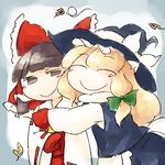  black_hair blonde_hair bow brown_eyes green_bow hair_bow hakurei_reimu hat hat_bow hat_ribbon hug jpeg_artifacts kirisame_marisa leaf mittens multiple_girls red_bow ribbon smile touhou white_bow white_ribbon witch_hat yaise 