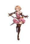  bangs blonde_hair boots breasts brown_eyes collarbone djeeta_(granblue_fantasy) dress fighter_(granblue_fantasy) full_body gauntlets granblue_fantasy hairband holding holding_sword holding_weapon juliet_sleeves leg_up long_sleeves looking_at_viewer medium_breasts minaba_hideo official_art pink_dress pink_hairband puffy_sleeves scabbard sheath short_dress short_hair smile solo standing sword thigh_boots thighhighs transparent_background weapon zettai_ryouiki 
