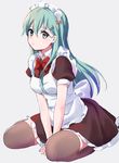  alternate_costume apron aqua_eyes aqua_hair between_legs breasts brown_legwear closed_mouth commentary_request enmaided frills hair_between_eyes hair_ornament hairclip hand_between_legs ica kantai_collection large_breasts long_hair looking_at_viewer maid maid_apron maid_headdress puffy_sleeves short_sleeves sitting solo suzuya_(kantai_collection) thighhighs wariza 
