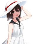  :d bare_arms bare_shoulders black_ribbon black_sailor_collar blush brown_eyes brown_hair commentary_request dress from_side hat hat_ribbon ica kantai_collection looking_at_viewer looking_to_the_side neck_ribbon open_mouth red_ribbon ribbon sailor_collar sendai_(kantai_collection) short_hair simple_background smile solo standing sun_hat sundress sweat twitter_username white_background white_dress white_hat 