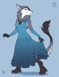  2017 5_fingers anthro armwear barefoot blue_background blue_eyes blush breasts bridal_gauntlets cheek_tuft claws clothed clothing corsage digital_media_(artwork) dipstick_tail dress female fur grey_fur inner_ear_fluff kacey looking_at_viewer markings multicolored_tail neck_tuft sergal simple_background smile socks_(marking) solo tail_tuft toe_claws tuft white_fur 