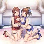  :d asymmetrical_docking bangs bare_arms bare_legs bare_shoulders blue_eyes blue_skirt blush breast_press breasts brown_eyes brown_hair carpet china_dress chinese_clothes cleavage cleavage_cutout closed_mouth couch crop_top dress frills full_body hairband high_heels holding_hands idolmaster idolmaster_million_live! interlocked_fingers kneeling long_hair looking_at_viewer medium_breasts miniskirt multiple_girls nanaran no_socks open_mouth ponytail red_skirt satake_minako short_hair sidelocks sketch skirt smile tanaka_kotoha tareme thigh_gap wrist_cuffs 