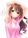  /\/\/\ 1girl :o armpits arms_up bare_arms blurry blush breasts brown_hair depth_of_field eyebrows_visible_through_hair hair_between_eyes hair_intakes hand_on_own_arm idolmaster idolmaster_cinderella_girls jamu long_hair looking_up messy_hair open_mouth pink_shirt shimamura_uzuki shiny shiny_skin shirt short_sleeves signature simple_background small_breasts solo speech_bubble stretch sweat upper_body wavy_hair white_background yellow_eyes 