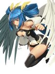  asymmetrical_wings black_legwear blue_hair breasts commentary_request dizzy guilty_gear guilty_gear_xrd hair_ribbon highres looking_at_viewer medium_breasts red_eyes ribbon signature simple_background solo tail tail_ribbon thighhighs underboob white_background wings zaki_(narashigeo) 