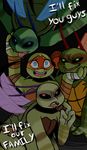  2017 antennae anthro bandanna black_background black_sclera blue_eyes chipped_shell clothed clothing crying dialogue donatello_(tmnt) drooling elbow_pads english_text freckles green_eyes group hand_wraps inkyfrog insect_wings leonardo_(tmnt) looking_at_viewer male mask michelangelo_(tmnt) open_mouth raphael_(tmnt) red_eyes reptile saliva scalie shell simple_background tears teenage_mutant_ninja_turtles text tooth_gap turtle wings wraps wrist_wraps 
