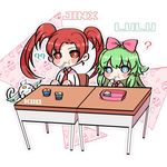  2girls alternate_hair_color alternate_hairstyle bow cake eating fluffy_ears green_hair jinx_(league_of_legends) league_of_legends lulu_(league_of_legends) magical_girl multiple_girls pointy_ears red_hair ribbon school_uniform star_guardian_jinx star_guardian_lulu tied_hair twintails yordle 