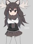  animal_ears antlers black_vest brown_eyes brown_hair brown_scarf brown_skirt character_name clenched_hands copyright_name crossed_arms english eyebrows_visible_through_hair eyelashes grey_background grey_legwear hair_between_eyes ica kemono_friends long_hair long_sleeves looking_at_viewer moose_(kemono_friends) moose_ears pantyhose pleated_skirt romaji scarf shirt simple_background skirt sleeveless smile solo tsurime vest wavy_hair white_shirt 