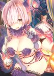  animal_ears ass bangs bare_shoulders black_panties blush breasts claw_pose cleavage dangerous_beast fate/grand_order fate_(series) fou_(fate/grand_order) fur_collar fur_trim hair_over_one_eye large_breasts looking_at_viewer mash_kyrielight mirror navel o-ring o-ring_top open_mouth panties pink_hair reflection smile solo sune_(mugendai) tail thong underwear wolf_ears wolf_tail yellow_eyes 