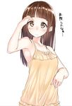  armpits bangs bare_arms bare_shoulders blunt_bangs blush brown_eyes brown_hair closed_mouth collarbone eyebrows_visible_through_hair hand_up highres long_hair looking_at_viewer simple_background solo standing straight_hair sweatdrop translation_request upper_body wavy_mouth white_background yuki_arare 