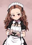  alternate_costume apron beige_background black_dress black_ribbon blush breasts brown_hair cleavage cleavage_cutout closed_mouth detached_collar dress enmaided forehead furrowed_eyebrows gazacy_(dai) heart heart_hands highres idolmaster idolmaster_cinderella_girls light_frown long_hair looking_away maid maid_headdress puffy_short_sleeves puffy_sleeves ribbon seki_hiromi short_sleeves sketch small_breasts solo upper_body waist_apron wavy_hair white_apron white_collar wrist_cuffs 