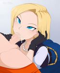  1girl adjusting_hair android_18 artist_name ass belt black_gloves blonde_hair blue_eyes blue_pants bob_cut cum cum_in_mouth dragon_ball dragonball_z earrings fellatio gloves highres hoop_earrings legs looking_at_another merunyaa necklace oral pants pearl_necklace penis short_hair simple_background solo_focus testicles thighs uncensored 