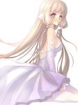  backless_dress backless_outfit blonde_hair chii chobits closed_mouth detached_sleeves dress hair_tubes lavender_eyes long_hair looking_at_viewer no_pupils pink_dress robot_ears sitting solo thighhighs very_long_hair wariza watermark web_address white_legwear whitekana 