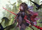  armor army bangs bird bodysuit breasts breasts_apart cape covered_navel covered_nipples cowboy_shot crow fate/grand_order fate_(series) gae_bolg gauntlets glowing glowing_eyes holding holding_weapon jewelry long_hair medium_breasts parted_lips polearm purple_bodysuit purple_hair qmo_(chalsoma) red_eyes scathach_(fate)_(all) scathach_(fate/grand_order) shoulder_armor skull smile solo_focus spaulders spear standing veil very_long_hair walking weapon 