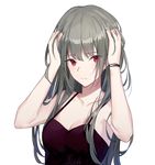  3: aiko_(kanl) bad_id bad_pixiv_id bangs bare_shoulders blush breasts camisole cleavage closed_mouth collarbone commentary eyebrows_visible_through_hair grey_hair hand_in_hair hands_in_hair hands_up long_hair looking_at_viewer medium_breasts original purple_eyes simple_background solo tsurime upper_body white_background 