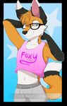  2017 abstract_background anthro big_tail black_fur black_nose blue_background canine clothed clothing crop_top digital_media_(artwork) english_text eyewear fox fully_clothed fur girly glasses green_eyes grey_bottomwear grey_pants haiku_(character) hair hand_behind_head hi_res hybrid legwear long_tail male mammal multicolored_fur multicolored_tail navel nockynthesis one_eye_closed orange_fur pink_shirt pink_topwear shirt simple_background smile snout solo standing star sweat_pants text watermark white_fur 