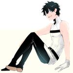  adapted_costume black_hair blue_eyes fate/grand_order fate_(series) fujimaru_ritsuka_(male) gloves looking_at_viewer male_focus open_mouth shirt simple_background sitting sleeveless sleeveless_shirt smile solo t3run white_background white_gloves 