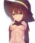  breasts brown_hair clothes_lift hat lifted_by_self looking_at_viewer medium_breasts minarai_shachou navel nipples original short_hair simple_background solo upper_body white_background witch witch_hat yellow_eyes 