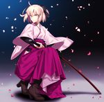  boots fate_(series) full_body grey_eyes hair_ribbon high_heel_boots high_heels holding holding_sword holding_weapon japanese_clothes katana kimono koha-ace okita_souji_(fate) okita_souji_(fate)_(all) petals pink_hair ready_to_draw ribbon sen_(77nuvola) sheath sheathed short_hair solo squatting sword weapon 