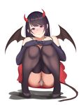  bare_shoulders bat bat_wings black_gloves black_hair black_legwear cape commentary_request demon_tail elbow_gloves fake_horns fake_wings gg-e gloves halloween halloween_costume highres long_hair looking_at_viewer original panties solo squatting tail thighhighs underwear white_background white_panties wings 