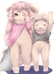  anthro balls bottomless caprine casual_nudity clothed clothing cub cupckpo digital_media_(artwork) duo eyes_closed female fluffy front_view fur hair looking_at_viewer male mammal penis pussy sheep simple_background thick_thighs tired white_background white_fur wool young 