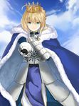  ahoge armor armored_dress artoria_pendragon_(all) blonde_hair blue_cape blue_skirt braid breastplate cape capelet cloud crown day fate/grand_order fate_(series) french_braid fur-trimmed_cape fur_trim green_eyes hair_between_eyes hand_on_own_chest highres outstretched_arm saber skirt smile solo z_w_(adsfe) 