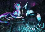  2017 canine detailed_background digital_media_(artwork) dragon duo feral mammal night nukerooster outside paws purple_eyes sky star starry_sky water 