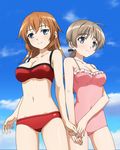  2girls bikini blue_eyes blush breasts brown_hair charlotte_e_yeager cleavage collarbone groin long_hair lynette_bishop medium_breasts multiple_girls navel ocean pink_swimsuit red_bikini sky smile standing strike_witches swimsuit swimwear world_witches_series 