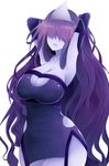  1girl arano_oki armpits arms_behind_head arms_up blue_skin breasts cleavage curvy dress elbow_gloves hair_over_eyes large_breasts long_hair monster_girl okiku_(banchou_sarayashiki) open_mouth purple_hair solo thick_thighs touhou very_long_hair wide_hips 