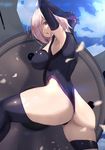  agovitch ahoge arms_up ass bad_id bad_pixiv_id black_legwear blush breasts cloud commentary_request day elbow_gloves fate/grand_order fate_(series) from_behind gloves hair_over_one_eye head_tilt highres large_breasts leotard looking_at_viewer looking_back mash_kyrielight messy_hair open_mouth outdoors own_hands_together partially_visible_vulva pink_hair purple_eyes shield short_hair single_thighhigh sky solo standing thighhighs 