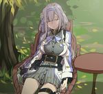  belt breasts chair closed_eyes flower frilled_sleeves frills grass grey_hair hair_between_eyes hair_flower hair_ornament highres large_breasts leaf long_hair original pouch sitting sleeping sleeping_upright solo table thigh_strap tree_trunk xiujia_yihuizi 
