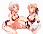  afternoir arm_support artoria_pendragon_(all) bikini blonde_hair braid breasts cleavage fate/grand_order fate_(series) french_braid groin highres jeanne_d'arc_(alter)_(fate) jeanne_d'arc_(fate)_(all) kneeling medium_breasts multiple_girls saber_alter short_hair swimsuit thighs white_background yellow_eyes 