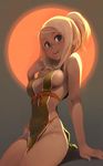  backlighting bare_arms bare_shoulders blonde_hair breasts cleavage_cutout cowboy_shot dark_skin green_eyes hand_in_hair hand_up highres lips long_hair looking_at_viewer medium_breasts orange_ribbon original parted_lips ponytail ribbon round_teeth sideboob sitting smile solo sun tabard tareme teeth thighs xavier_houssin 