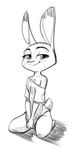  2017 anthro blush clothed clothing dipstick_ears disney female fuel_(artist) greyscale half-closed_eyes judy_hopps kneeling lagomorph looking_at_viewer mammal monochrome off_shoulder rabbit simple_background smile solo white_background zootopia 