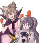  :d ahoge bangs blue_eyes brown_hair cape closed_eyes commentary_request eyebrows_visible_through_hair food food_on_head fruit fruit_on_head grey_hair hair_between_eyes holding holding_food holding_fruit kusoyarou long_hair long_sleeves mandarin_orange mononobe_no_futo multiple_girls object_on_head open_mouth pointy_hair ponytail purple_cape ribbon-trimmed_sleeves ribbon_trim short_hair simple_background smile touhou toyosatomimi_no_miko v-shaped_eyebrows white_background wide_sleeves 