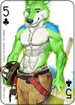  2017 abs anthro armor axe biceps canine card clothed clothing digital_media_(artwork) fonyaa fur helmet holding_object male mammal melee_weapon muscular muscular_male pecs playing_card simple_background smile solo standing topless weapon white_fur wolf 