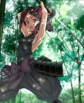  armpits arms_up bangs black_hair black_pants blue_eyes blush bow breasts commentary_request covered_nipples dappled_sunlight flower forest hair_flower hair_ornament halterneck highres holding holding_sword holding_weapon inoumu jpeg_artifacts katana legs_apart nature open_mouth outdoors pants parted_bangs princess_principal puffy_pants purple_bow ribs small_breasts solo standing sunlight sword toudou_chise tree v-shaped_eyebrows weapon 
