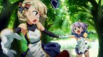  anime_coloring azur_lane bangs bare_shoulders black_gloves blonde_hair blue_eyes blue_scarf blush bow bracelet crown dappled_sunlight day dress elbow_gloves eye_contact eyebrows_visible_through_hair foreshortening forest gloves green_eyes hair_bow hair_ornament highres holding_hands javelin_(azur_lane) jewelry looking_at_another mini_crown multiple_girls nature open_mouth outdoors perspective purple_hair running scarf short_dress short_hair single_glove sunlight tomato_(lsj44867) tree white_dress white_gloves z23_(azur_lane) 