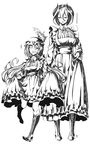  ;d apron boots cross-laced_footwear dress dress_shirt frilled_dress frills greyscale hair_between_eyes hat_feather highres knee_boots lace-up_boots long_hair lyza made_in_abyss maid maid_apron monochrome multiple_girls one_eye_closed open_mouth ozen shirt smile standing standing_on_one_leg taka_t white_background 