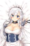  azur_lane bed_sheet belfast_(azur_lane) black_gloves blue_eyes blush body_mahattaya_ginga braid breasts chain cleavage closed_mouth collar collarbone corset dress elbow_gloves eyebrows_visible_through_hair fingerless_gloves french_braid from_above gloves hand_on_own_chest large_breasts long_hair looking_at_viewer lying maid_headdress on_back on_bed outstretched_arm reaching_out shiny shiny_hair silver_hair sleeveless sleeveless_dress smile solo tareme turret upper_body very_long_hair white_dress 