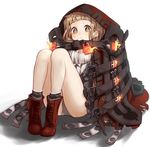  absurdres bad_id bad_pixiv_id bangs belt blush brown_eyes brown_hair closed_mouth coat commentary eyebrows_visible_through_hair full_body highres hood hood_up knees_up legs_together little_red_riding_hood_(sinoalice) lock open_clothes open_coat pigeon-toed relila sidelocks simple_background sinoalice sitting solo symbol-shaped_pupils tareme thighs white_background 