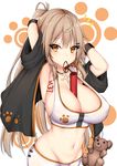  1girl adjusting_hair armpits arms_up bangs baton between_breasts bike_shorts black_jacket breasts brown_hair character_name chixiao cleavage collarbone cowboy_shot cross eyebrows_visible_through_hair girls_frontline groin hair_ornament hair_tie hair_tie_in_mouth hairclip highres ithaca_m37_(girls_frontline) jacket jewelry large_breasts long_hair looking_at_viewer mouth_hold navel open_clothes open_jacket orange_eyes paw_background pendant ponytail shiny shiny_hair skindentation sleeves_pushed_up solo sports_bra stomach strap_gap stuffed_animal stuffed_toy tattoo teddy_bear unzipped very_long_hair wristband zipper_pull_tab 