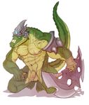  abs anthro armor balls biceps claws crocodile crocodilian cuson fangs flaccid green_scales kneeling league_of_legends looking_at_viewer male muscular muscular_male nipples nude obliques pecs penis renekton reptile riot_games scales scalie scar solo teeth toe_claws triceps uncut video_games weapon yellow_eyes 