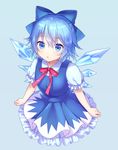  :o bare_arms blue_background blue_bow blue_eyes blue_hair blue_skirt blue_wings bow cirno hair_between_eyes highres ice ice_wings looking_at_viewer neck_ribbon puffy_short_sleeves puffy_sleeves red_ribbon ribbon short_hair short_sleeves simple_background skirt skirt_set solo touhou wings yamayu 