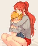  1girl age_difference blonde_hair blue_eyes blush chuu commentary green_eyes hug hug_from_behind jaune_arc pyrrha_nikos red_hair rwby younger 