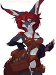  2017 5_fingers anthro black_nose blue_eyes breasts canine clothed clothing digital_media_(artwork) female hair mammal navel red_hair simple_background smile solo vexstacy white_background 