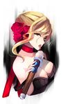  blonde_hair breasts chiroru_(cheese-roll) cleavage commentary evelynn flower hair_between_eyes hair_flower hair_ornament highres league_of_legends looking_at_viewer medium_breasts neckerchief open_mouth rose sexually_suggestive short_hair solo strap_slip tongue tongue_out yellow_eyes 